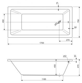 Ванна акриловая Cezares PLANE SOLO-170-75-45-W37